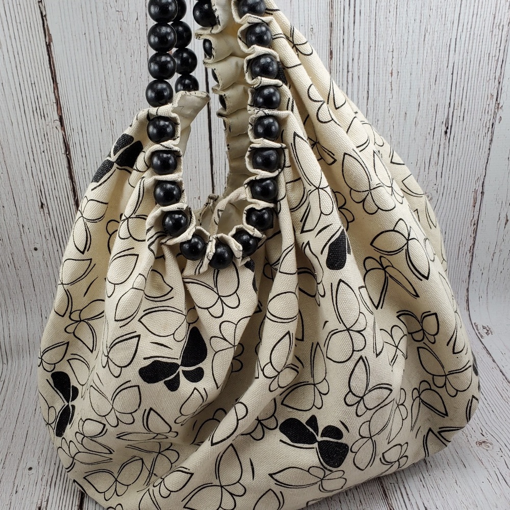 Black Ivory Butterfly Beaded Handle Hobo Bag Purse